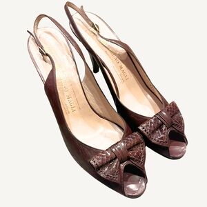 Vintage Bruno Magli Brown Leather Peep-Toe Slingbacks with Bow Detail Size 39